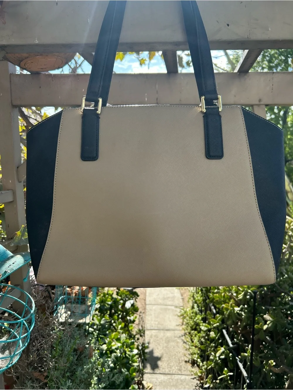 Calvin Klein Taupe and Black Satchel with Gold Hardware
